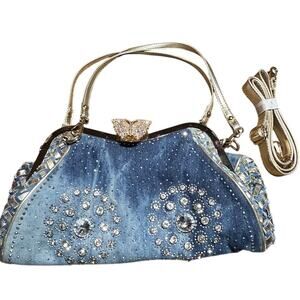 Denim women's handbag with rhinestones embellishments